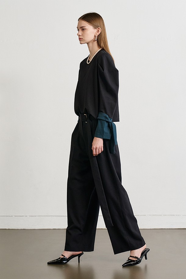 Le yiel - 롱/미디팬츠 - Tuck Detail Belted Wide Pants_Black 턱 디테일 벨티드 와이드 팬츠_블랙