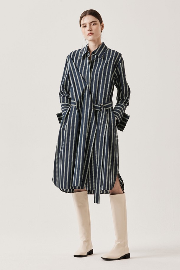 Le yiel - 긴소매 원피스 - Oversize Belted Stripe Shirt One Piece_Navy 오버사이즈 벨티드 스트라이프 셔츠 원피스_네이비