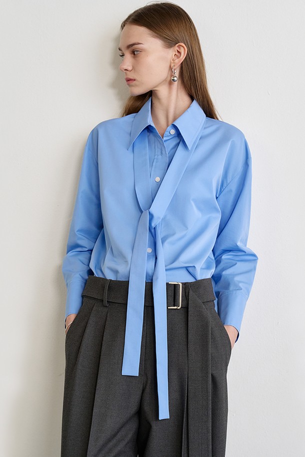 Le yiel - 셔츠 - Oversized Tie Shirt Blouse_Blue 오버사이즈 타이 셔츠 블라우스_블루