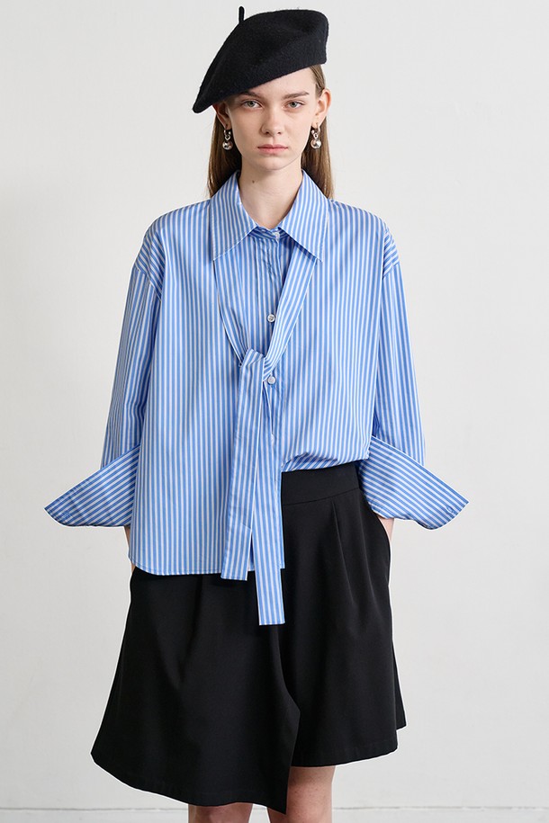 Le yiel - 셔츠 - Oversized Stripe Tie Shirt Blouse_Blue 오버사이즈 스트라이프 타이 셔츠 블라우스_블루