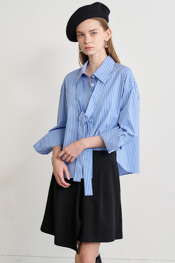 Le yiel - 셔츠 - Oversized Stripe Tie Shirt Blouse_Blue 오버사이즈 스트라이프 타이 셔츠 블라우스_블루