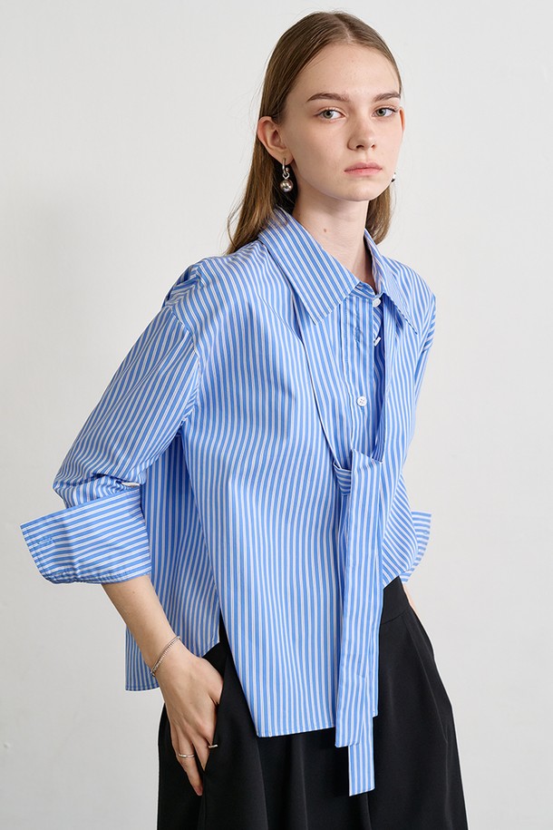 Le yiel - 셔츠 - Oversized Stripe Tie Shirt Blouse_Blue 오버사이즈 스트라이프 타이 셔츠 블라우스_블루