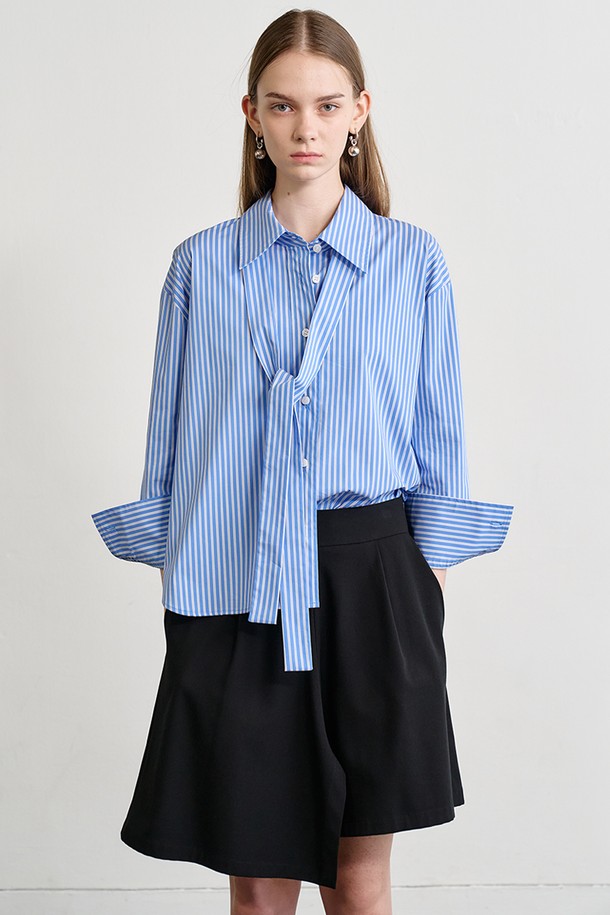 Le yiel - 셔츠 - Oversized Stripe Tie Shirt Blouse_Blue 오버사이즈 스트라이프 타이 셔츠 블라우스_블루