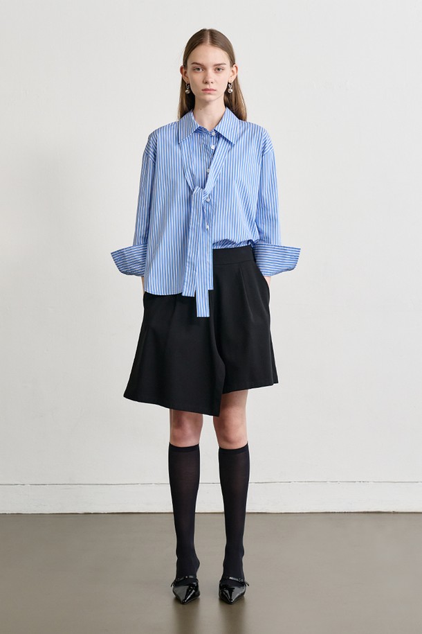 Le yiel - 셔츠 - Oversized Stripe Tie Shirt Blouse_Blue 오버사이즈 스트라이프 타이 셔츠 블라우스_블루