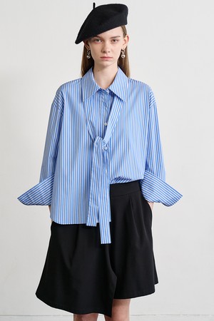 Oversized Stripe Tie Shirt Blouse_Blue 오버사이즈 스트라이프 타이 셔츠 블라우스_블루