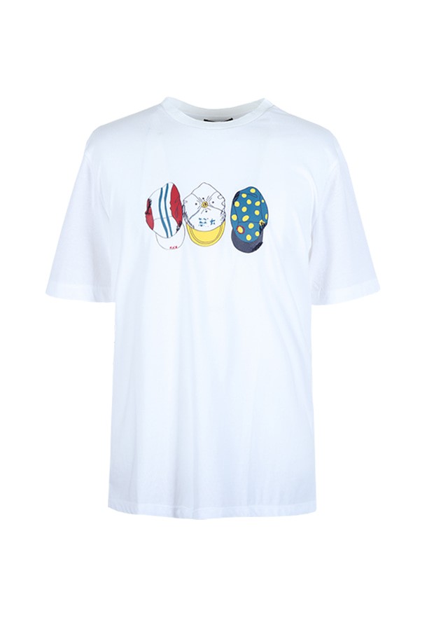 화이트 컬러의 모자 프린트 기본 반팔 티셔츠입니다. 면, 폴리에스터 혼방 소재로 제작되었으며, 라운드넥 디자인의 기본핏으로 편안하게 착용 가능합니다. 일상복으로 좋은 레귤러 기장의 여름용 반소매 티셔츠입니다.
