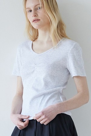 프런트 셔링 반팔티셔츠 - 화이트 멜란지