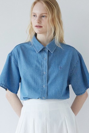 로고 반팔 데님셔츠 - 라이트 블루
