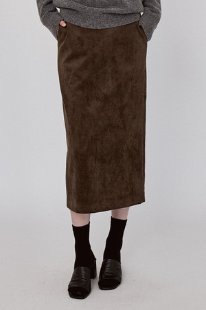 Basic Suede Long Skirt - KhakiBrown