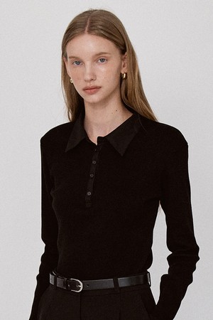 Ribbed Panel Classic Collar T-Shirt - Black