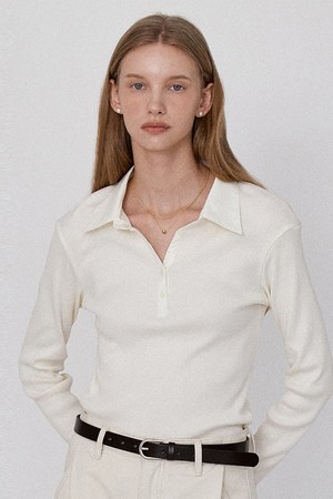 Ribbed Panel Classic Collar T-Shirt - Cream