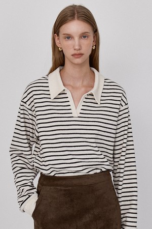 Stripe Soft  Collar T-Shirt - Ivory
