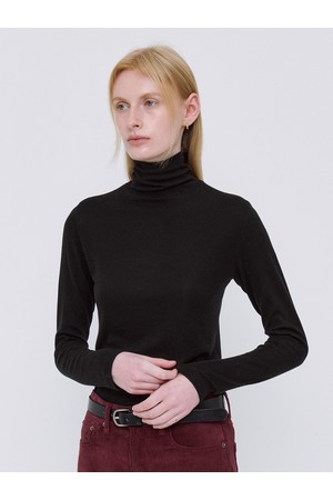 Soft Wool Tencel Turtleneck T-Shirt - Black