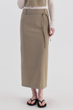 Classic Strap Slit Long Skirt - Beige