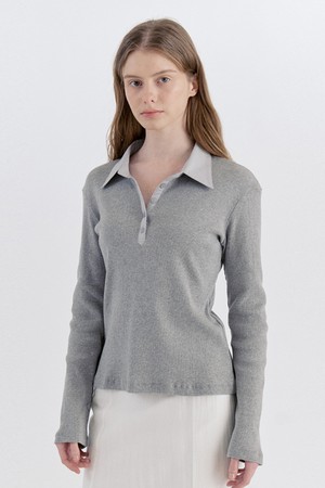 Ribbed Panel Classic Collar T-Shirt - Gray