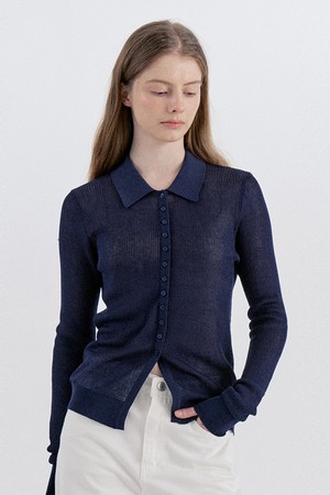 Soft Lyocell Collar Knit Cardigan - Navy