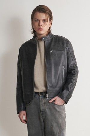 [리얼레더] 카우하이드 워시드 미니멀 레더 자켓 (블랙)