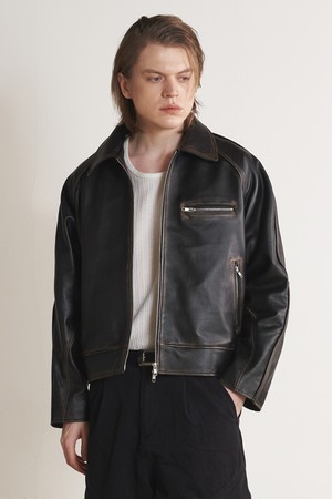 [리얼레더] 빈티지 워시드 스탠드 카라 자켓 (브라운)