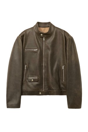 [리얼레더] 크랙 워시드 차이나 집업 자켓 (블랙)