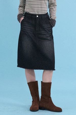 루시안 데님 프린지 미디 스커트