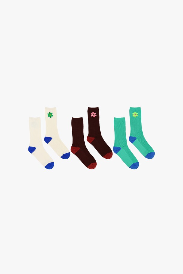 PINKPINEAPPLE - 양말 - [3 PAIRS 1 SET] DAISY MIDDLE SOCKS_MIX