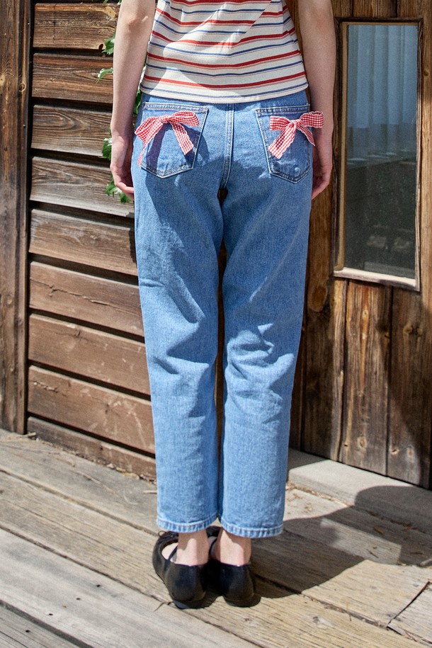 PINKPINEAPPLE - 데님 - CHECK RIBBON DENIM PANTS_INDIGO