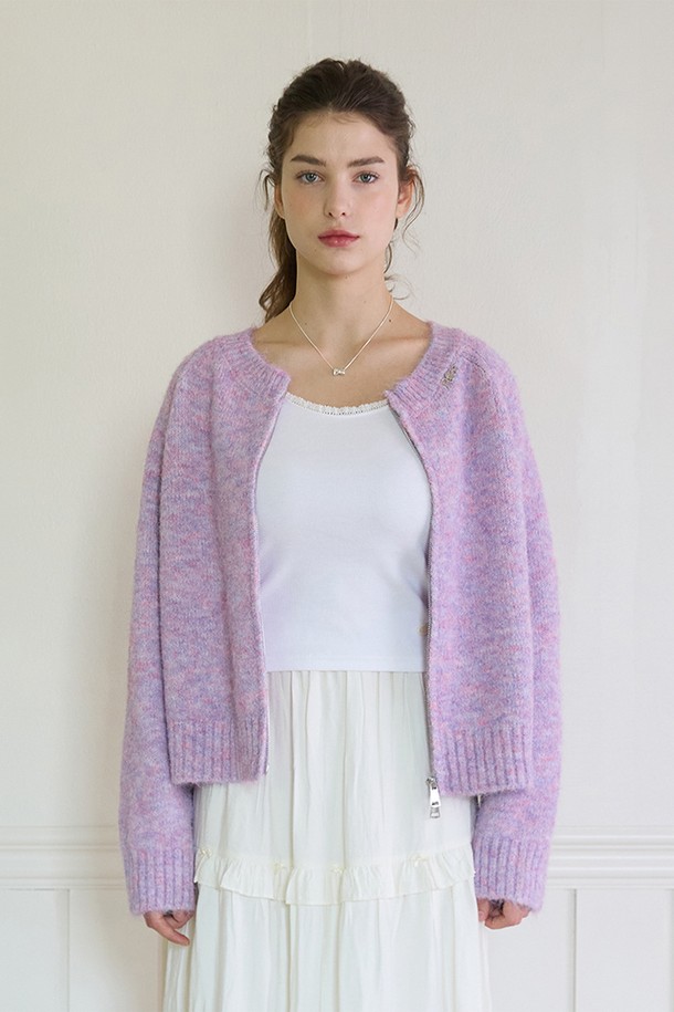 PINKPINEAPPLE - 가디건 - FUZZY MARLED KNIT ZIP UP_LAVENDER