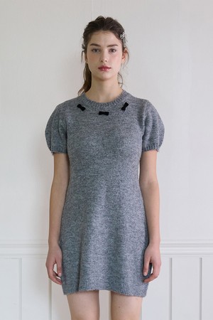 RIBBON PUFF KNIT DRESS_GREY