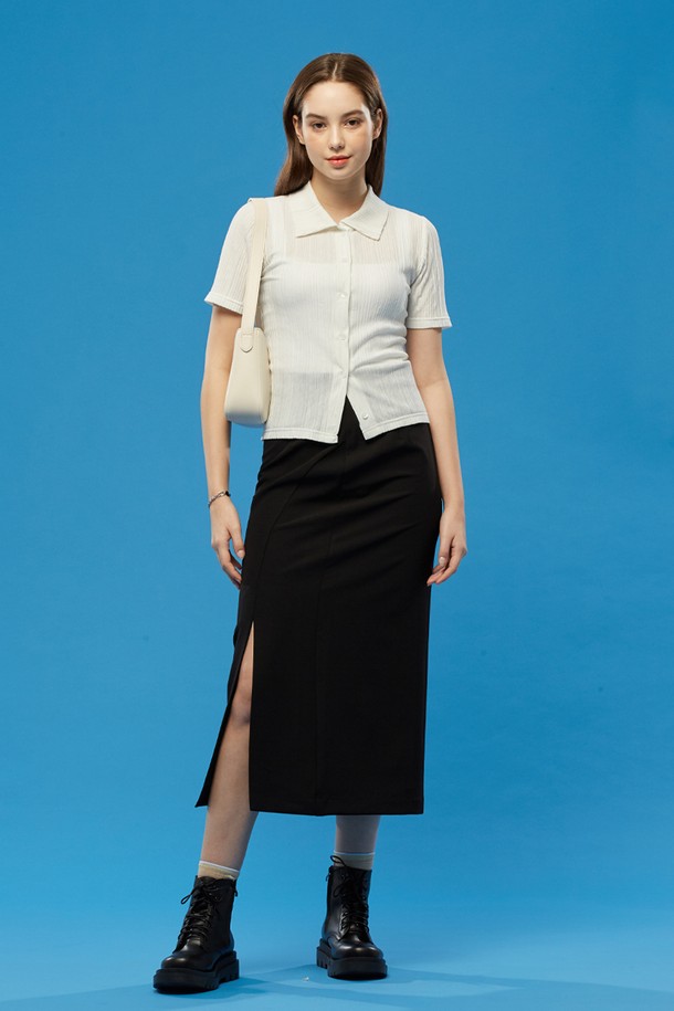 KOLEAT - 반소매 티셔츠 - WOMEN 미디 크롭 슬림 플리츠 반팔티 가디건 [WHITE]