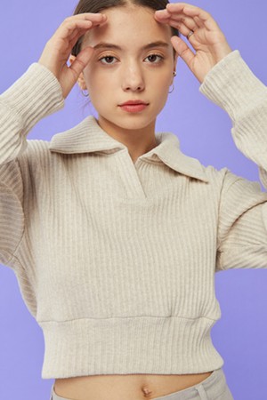 [기모] 크롭 니트 피케 카라 긴팔티셔츠 [오트밀] 배꼽티 ver.