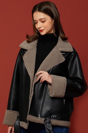 WOMEN 오버핏 무스탕 플리스 자켓 Black Khaki_Gray