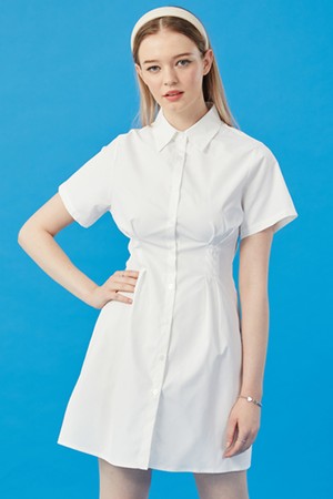 WOMEN 크롭 슬림 무지 반팔 셔츠 미니 원피스 [WHITE] 스커트 치마 ver.