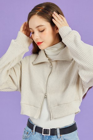 [기모] WOMEN 크롭 니트 집업 맥시 숏 가디건 [오트밀] MX 긴팔 카라 스웨터 ver.