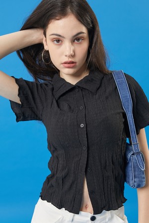 WOMEN 미디 크롭 슬림 마몽 반팔티 가디건 [BLACK] 반팔 크롭티