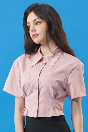 WOMEN 크롭 슬림 반팔 셔츠 [PINK] 크롭티 반팔티