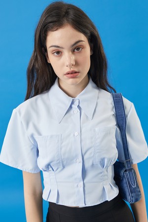 WOMEN 크롭 슬림 반팔 셔츠 [SKY_BLUE] 크롭티 반팔티