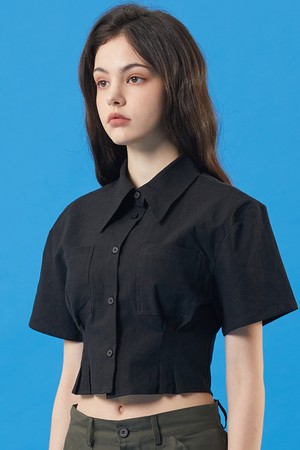 WOMEN 린넨 크롭 슬림 반팔 셔츠 [블랙] 여름셔츠 ver.