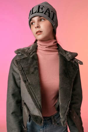 [벨트탈부착] 크롭 밍크 스웨이드 무스탕 플리스 자켓 Gray [라이더 양털 ver.]