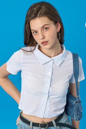 아이스 쿨링 냉장고 크롭 무지 피케 카라 반팔티 [WHITE]