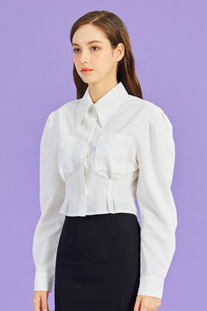 WOMEN 크롭 슬림 퍼프 긴팔 셔츠 [WHITE] 크롭티 긴팔티 PF