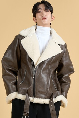 (남녀공용) 벨트탈부착 크랙 주름 오버핏 무스탕 자켓 [Brown]