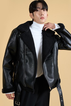 (남녀공용) 벨트탈부착 오버핏 무스탕 자켓 [All_Black]