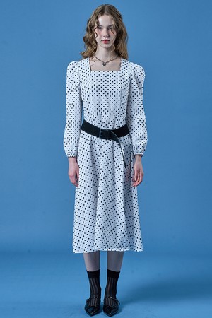 벌룬 퍼프 도트 스퀘어넥 맥시 롱원피스 [WHITE]