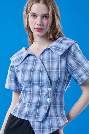 여름 휴양지 랩 오프숄더 체크 쿨링 슬림 반팔셔츠 [BLUE]