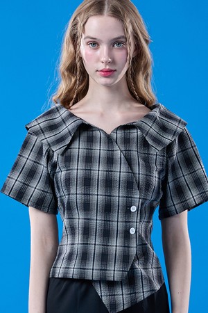 여름 휴양지 랩 오프숄더 체크 쿨링 슬림 반팔셔츠 [BLACK]