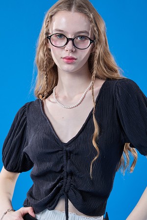 쿨링 플리츠 리본 퍼프 크롭 반팔티 [BLACK] 브이넥 ver.