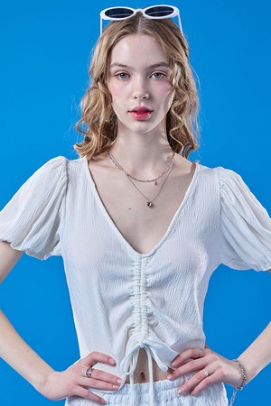 쿨링 플리츠 리본 퍼프 크롭 반팔티 [WHITE] 브이넥 ver.