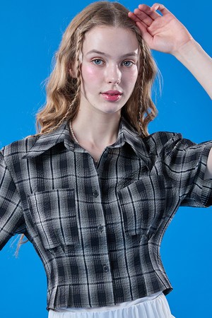 여름 휴양지 체크 쿨링 슬림 크롭 반팔셔츠 [BLACK]