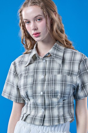 여름 휴양지 체크 쿨링 슬림 크롭 반팔셔츠 [IVORY]