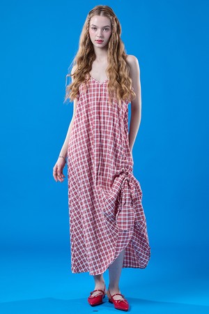 쿨링 브이넥 프레피 여름 맥시 체크 나시원피스 [RED]